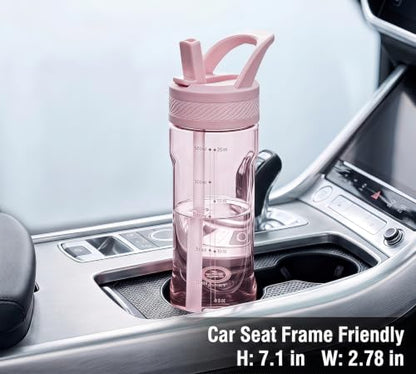 OLDLEY 20oz Kids Water Bottle with Straw, BPA-Free Tritan Water Bottle for School, Leakproof Clear Water Bottle with One Click Open, Measurement Scale, Cup Holder Friendly for Boys Girls,Pink - color: Pink