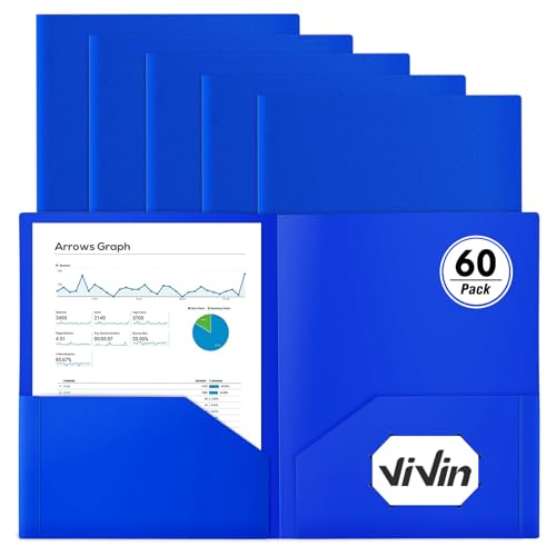 ViVin 60-Pack Heavy Duty 2 Pocket Folders, Plastic File Folders for School, Office and Home (Blue) - color: Blue, size: 60 PACK