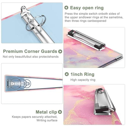 Rouidr Mini 3 Ring Binder with clipboard, 1 inch Round Binder Organizer, 8.5"x5.5" Cute Binder with 5 Dividers Tabs & Clear Sleeves, School Supplies, Office Supplies - color: Cute Pink Marble, size: Mini 1in(8.5 x 5.5 in)