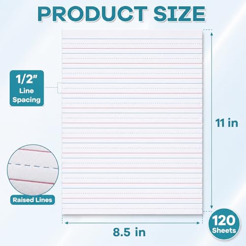 OBUSATT Kindergarten Practice Paper Raised Line Primary Writing Paper with 0.5inch Spacing Multi-Sensory Wide Line Kindergarten Handwriting Tablet for Kids Teachers, 8.5 x 11 Inch（120 Sheets）