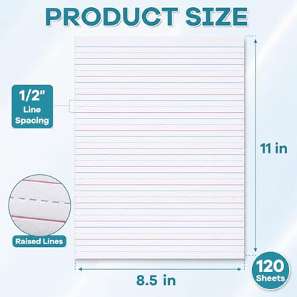 OBUSATT Kindergarten Practice Paper Raised Line Primary Writing Paper with 0.5inch Spacing Multi-Sensory Wide Line Kindergarten Handwriting Tablet for Kids Teachers, 8.5 x 11 Inch（120 Sheets）