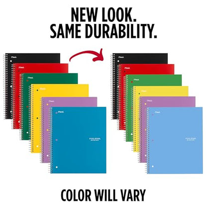 Five Star Spiral Notebook + Study App, 6 Pack, 1 Subject, Wide Ruled 8" x 10.5" Paper, 100 Sheets, Fights Ink Bleed, Water Resistant Cover, Assorted Colors (38042)
