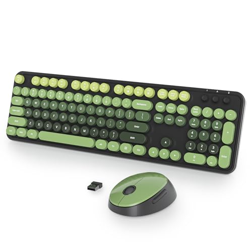 Wireless Keyboard and Mouse Set, Retro Typewriter, 2.4GHz Full Size 104-Key Cute Keyboard with Number Pad, Colorful with Round Keycaps for Windows PC Laptop(Dark Green) - color: Dark Green gradient