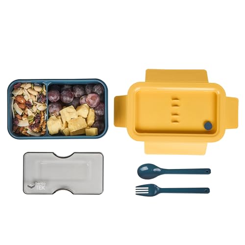 Restaurantware-Bento Tek 28.7 Ounce Bento Boxes, 10 Reusable Lunch Containers - With Fork And Spoon, Does Not Contain BPA, Blue And Yellow Plastic Reusable Lunch Boxes, Microwavable, Dishwashable - size: 10 Count, style: 29 oz - Blue
