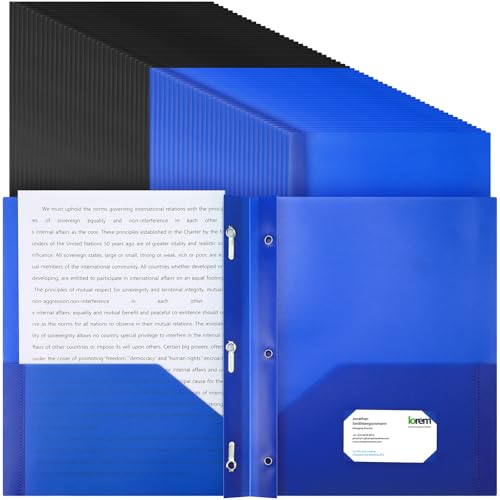 Cholemy 72 Packs Pocket Folders with Prongs Heavy Duty Plastic Folder with Business Card Slot 3 Prong Fasteners for School Office (Black,Blue) - color: Black, Blue