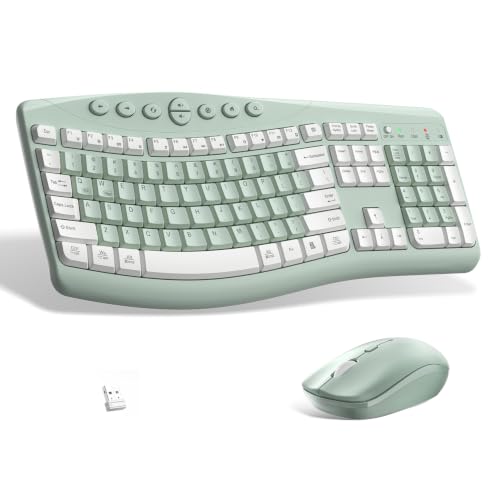 Wireless Keyboard and Mouse Combo,2.4G Full Size Ergonomic Curved Silent Keyboard with Fn Multimedia Keys for Office and Home, 3-DPI Quiet Mouse for Windows,Mac OS Desktop/Laptop/PC(Avocado Green-A) - color: Avocado green-A