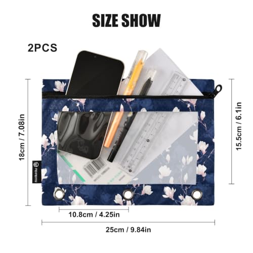Gredecor 3 Ring Binder Pencil Pouch, Magnolia White Flowers on Navy Blue Zippered Pen Case Pouches with Clear Window, 2 Pack Stylish Office & School Supplie - color: Magnolia White Flowers on Navy Blue