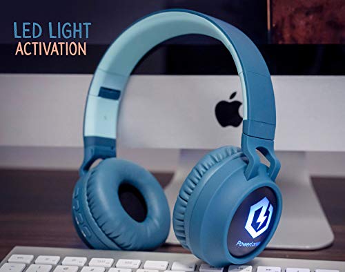 PowerLocus Kids Headphones Wireless, Bluetooth Headphones for Kids Over Ear, LED Lights, 85dB Safe Volume Limit, Foldable, Micro SD Mode, Built-in and Line-in Microphone for Phones,Tablets,Laptop - color: Non-Ears Blue