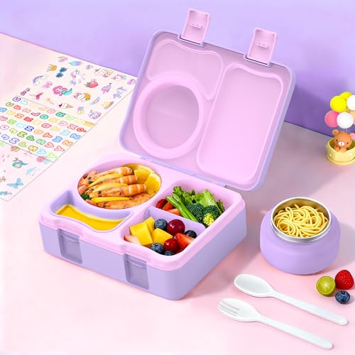 Bento Box for Kids, Leakproof Kids Bento Lunch Box Container with 8oz Insulated Thermo Food Jar, Sauce Jar, Utensil, DIY Stickers for School Boys Girls, 3-4 Compartments, BPA-Free - color: Purple