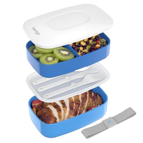 Bentgo Classic - Adult Bento Box, Stackable 3-Compartment Lunch Box with Removable Utensil Set and Sealing Strap, BPA-Free, Food Container Ideal for Meal Prep, Work, and On the Go (Blue) - color: Blue