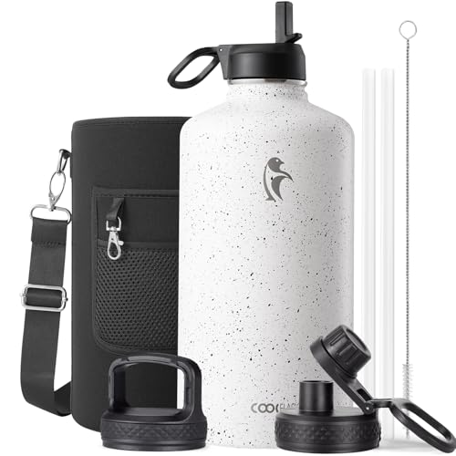 Coolflask 128 oz Gallon Water Bottle Insulated with Straw&3 Lids, Water Jug Large Stainless Steel Metal Vacuum Wide Mouth for Sports, Gym or Office, Non-BPA Keep Cold 48H Hot 24H, Arctic White - color: Arctic White, size: 128 Ounces