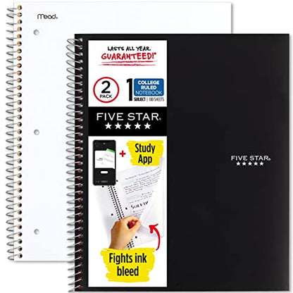 Five Star Spiral Notebooks + Study App, 2 Pack, 1 Subject, College Ruled Paper, 11" x 8-1/2", 100 Sheets, Black, White (38454) - color: Black, White, size: 11" x 8-1/2", 100 Sheets, 2 Pack