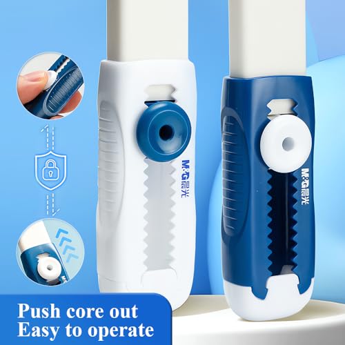 M&G 4 Pack Erasers Sliding Retractable Eraser, Soft White Color Cute Erasers Push Pull Eraser with Plastic Sleeve for Students Kids, School Office Home Supplies - color: Blue + White