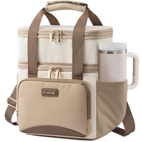 LOVEVOOK Insulated Lunch Bag For Women,Large Double Deck Adult Lunch Box,Teacher Lunch Tote Bag With Cup Holder,Leakproof Cooler Bag With Adjustable Shoulder Strap For Work Picnic Beach,Larger 15L - color: Off White with Khaki, size: Large —15l