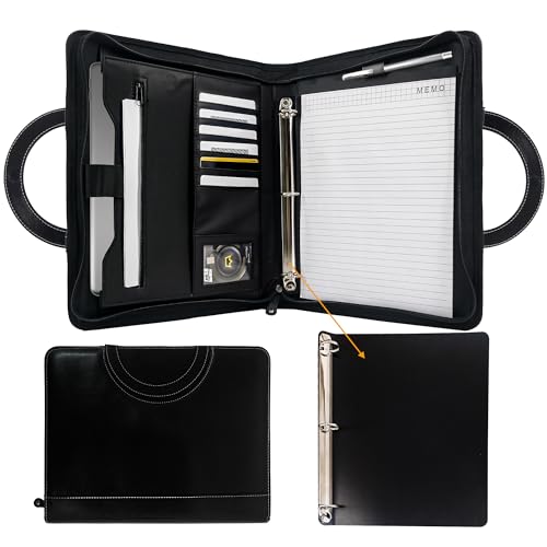 GraduatePro Zippered Portfolio Binder with Handles，Professional Faux Leather Padfolio with 3 Ring Binder (Removable), Storage Pouch for Tablet, Travel Documents for Men and Women. - size: 0.8-inch Rings, style: Round handle