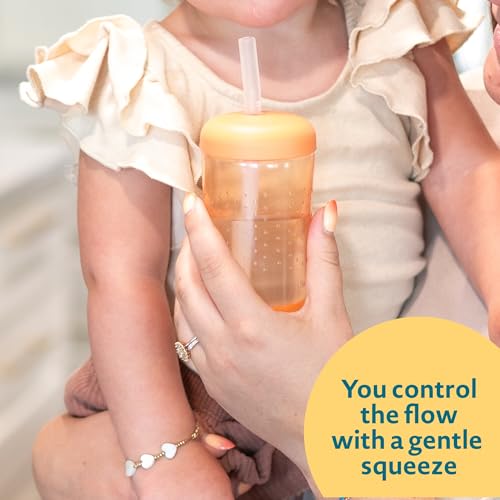 The First Years Squeeze & Sip Toddler Straw Cups - Squeezable Transition Sippy Cup with Silicone Straw - Toddler Feeding Supplies - Yellow/Pink/Orange - 7 Oz - 3 Count - Ages 6 Months and Up - color: Yellow/Pink/Orange