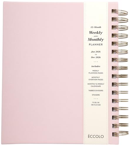 WORLD TRAVELER 2026 Planner Weekly & Monthly Hardcover Spiral Agenda | Hardcover Spiral Lay-Flat Binding, Weekly and Monthly Planning Pages, January to December 2026, 7x8.75 Compact Format - color: Pink Chasing