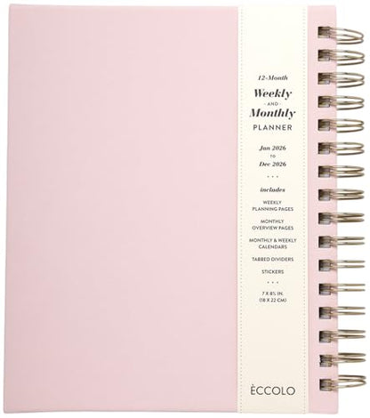 WORLD TRAVELER 2026 Planner Weekly & Monthly Hardcover Spiral Agenda | Hardcover Spiral Lay-Flat Binding, Weekly and Monthly Planning Pages, January to December 2026, 7x8.75 Compact Format - color: Pink Chasing
