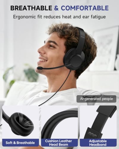 AOC USB Headset with Microphone for PC, Over-Ear Wired Headphones with Mic, Noise-Cancelling Boom, 40mm Audio Drivers, USB-A/C Compatibility for Office, Call Centers & Online Meetings (Black)