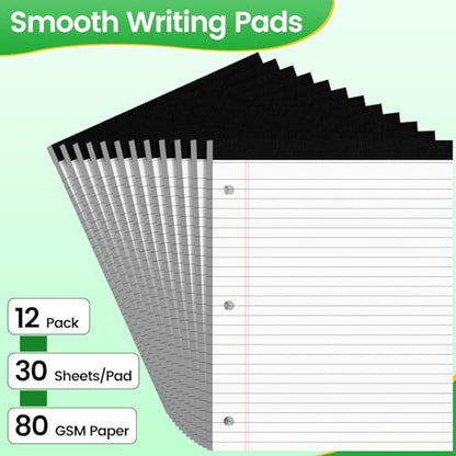 3 Hole Legal Pad 8.5 x 11, 12 Pack White Note Pads, Notebook Paper Wide Ruled, Writing Paper Pads, Notepads with Binder Holes, Lined Paper 8.5x11, Ideal for School, Home, Office, 30 Sheets/Pack - style: 12 Pack-30 Sheets/Pad-White