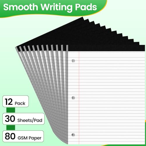 3 Hole Legal Pad 8.5 x 11, 12 Pack White Note Pads, Notebook Paper Wide Ruled, Writing Paper Pads, Notepads with Binder Holes, Lined Paper 8.5x11, Ideal for School, Home, Office, 30 Sheets/Pack - style: 12 Pack-30 Sheets/Pad-White