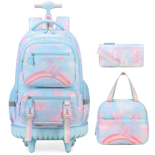 Scothen Rolling Backpack for Girls, 3PCS Roller School Backpacks for Girls with Lunch Bag and Pencil Pouch, Kids Bookbag Schoolbag with Wheels for Teen Girl Kindergarten Elementary Middle School - color: Blue