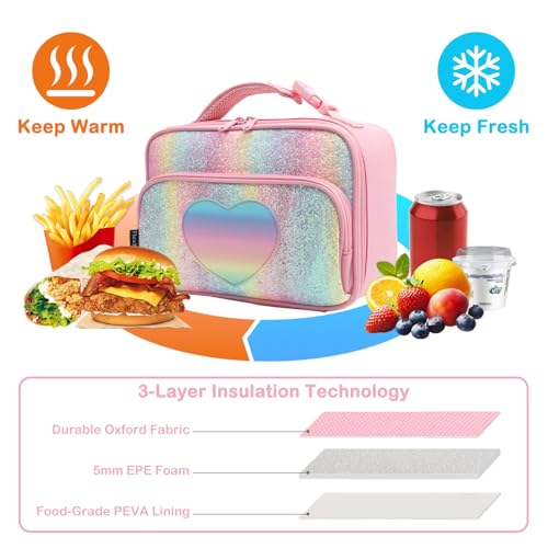 FlowFly Kids Lunch box Insulated Soft Bag Mini Cooler Back to School Thermal Meal Tote Kit for Girls, Boys,Glitter-RainBow - color: Glitter-RainBow