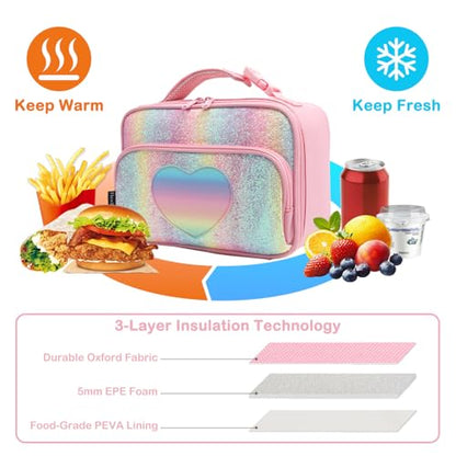FlowFly Kids Lunch box Insulated Soft Bag Mini Cooler Back to School Thermal Meal Tote Kit for Girls, Boys,Glitter-RainBow - color: Glitter-RainBow