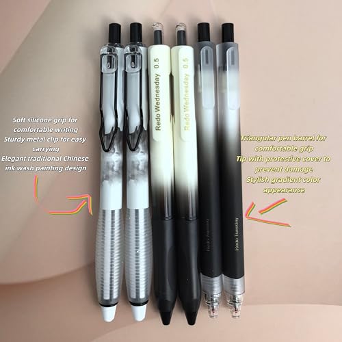 Fengtaiyuan Retractable Gel Pens, 0.5mm Black Ink ST Fine Point, Quick Dry No Smudge 3 Styles (Silent Click/Ergonomic Triangular Grip) for School Office Exam Note Taking, 6 Pack - color: BlackFGTWP6