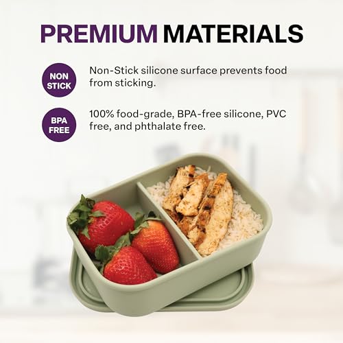Silicone Bento Box, 2 Compartments, BPA-Free, Leak-Resistant, Dishwasher and Microwave Safe, Perfect for Work, Travel & Meal Prep, (Green) - style: 2 Compartments