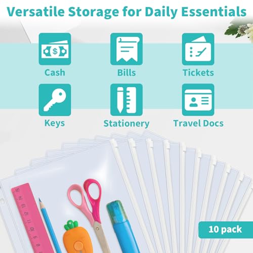 Binditek 10 Pack Plastic Zippered Binder Pockets, 3-Hole Punched for 3 Ring Binder, Clear PVC with White Zippers, Waterproof Loose Leaf Bag Pouch for Document Filing and Storage