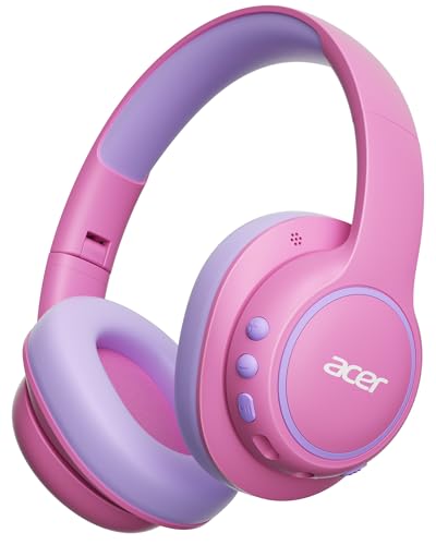 Acer Kids Bluetooth Headphones, Over Ear Headphone for Kids with Mic, 75H Playtime, 85dBA Safe Volume, Bluetooth 6.0, USB C Fast Charging, Toddler Headphones for iPad/Tablet/Travel/School-Pink | 75H Playtime, Bluetooth 6.0, 3.5mm Jack Aux Cord, 85dBA Safe
