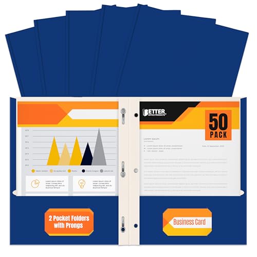 Better Office Products Blue Paper 2 Pocket Folders with Prongs, 50 Pack, Matte Texture, Letter Size Paper Folders, 50 Pack, with 3 Metal Prong Fastener Clips, Blue - color: Blue