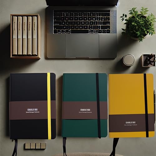 A6 Leather Hardcover Notebook- 3Pack 192 Pages Thick 100GSM Paper, Dotted/Grid/Blank, with Elastic Band & Inner Pocket for Writing, Sketching, Journaling - color: Yellow+Green+Black, size: A6