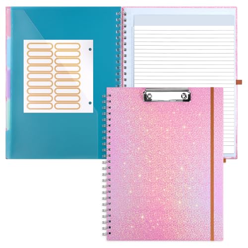 Glitter Clipboard Notebook with Storage for Letter Size, 8.5 x 11 Notepad Holder with 5 Folders and Dividers, Size 12.8X 9.7 in, Spiral Portfolio for Nursing Teacher School Supplies,Pink - color: Pink