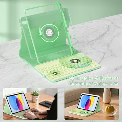 YBING Keyboard Case for iPad 10th Gen 10.9 inch (2022) & 11th Gen (A16, 2025), Bluetooth Wireless Detachable Keyboard with Green Music Painted Patterns, 360 Rotatable Magnetic Case with Pencil Holder - color: Music Green