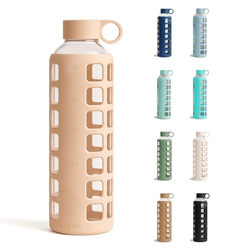 purifyou 40oz / 32oz / 22oz / 12oz Borosilicate Glass Water Bottle with Time & Volume Markers, Silicone Sleeve, Stainless Steel Lid | Reusable Glass Bottle for Water & Juice (32oz Hazelnut) - color: Hazelnut (1 Count), size: 32 Ounces