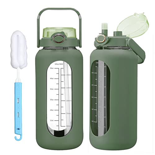chunmo 42oz/52oz/64oz Glass Water Bolttles with Straw Half Gallon Large Motivational Water Bottle with Time Marker Sports Water Bottles with Silicone Sleeve and Handle Lid Water Jug for Gym Workout - color: Olive, size: 42 Ounces