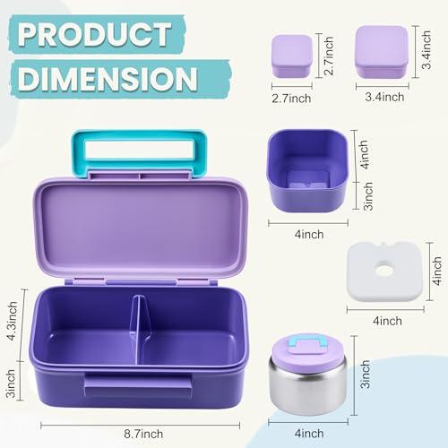 PIQUEBAR Kids Lunch Box with 8oz Thermo, Leakproof Bento Box with Insulated Bag, Kids Insulated Water Bottle, Food Lunch Container for Back to School Girls Boys, Purple - color: Purple