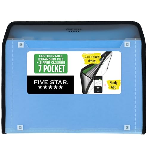 Five Star Expanding File Organizer + Study App, 7-Pocket Accordian File Organizer, Zipper Closure, Holds 8.5" x 11" Paper, Blue (Color May Vary) (350099B) - color: Blue, size: Pack of 1