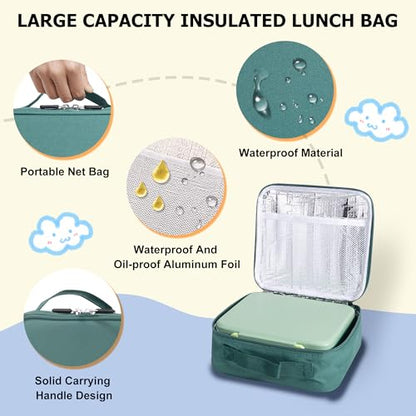 Bento Lunch Box for Kids with Thermo, Leakproof Bento Box with 8oz Insulated Food Jar, Lunch Bag, BPA Free Dishwasher Safe 4 Compartment Container for School Girls Boys (Green) - color: Green1