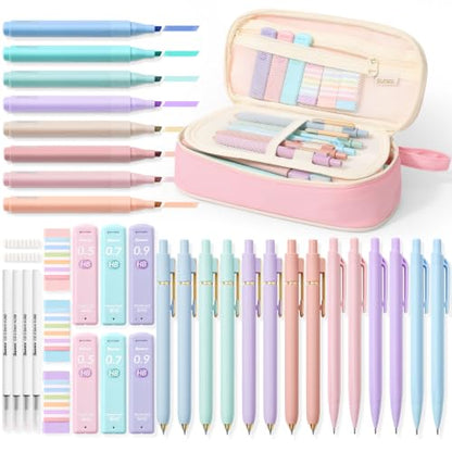 SUNEE 54PCS Aesthetic Stationery Set with Cute Pencil Case, 8 Color Pastel Highlighters, 8 Black Gel Pens, 6 Mechanical Pencils & Refills, College School Supplies for Students Girls Pink - color: Pink, style: 54 Pack