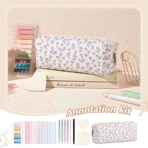 22Pcs Book Annotation Kit Aesthetic Pencil Case with Supplies School Annotation Supplies Gel Pen Transparent Sticky Note Taking Bible Study College Stationery Supplie (Lavender Floral) - color: Lavender Floral