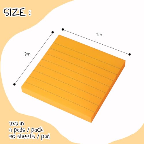 Lined Sticky Notes 3x3 in, Self-Adhesive, 4 Pads, 90 Sheets Each, Orange | Strong Self-Adhesive Backing, Sticks Firmly and Removes Cleanly - color: Orange