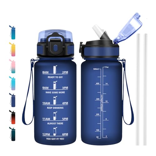 Water Bottle 500 ml, Leak-Proof with Time Marking & Straw, Sports Bottle for Fitness, Bike, Office, School - color: New | Matt Navy Blue, size: 16.9 Ounces