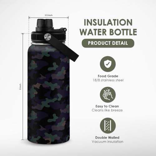 Camouflage Insulated Stainless Steel Water Bottle 32oz, Vacuum Chug Lid Travel Tumbler for Men Friends Dads Grandpa, Birthday Christmas Fathers Day - color: Camouflage 2