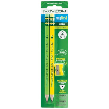 Ticonderoga My First Tri-Write Wood-Cased Pencils with Sharpener, Pre-Sharpened, 2 HB, With Erasers, Neon Colors, 2 Count, 6 Packs - style: 2 Count, 6 Packs