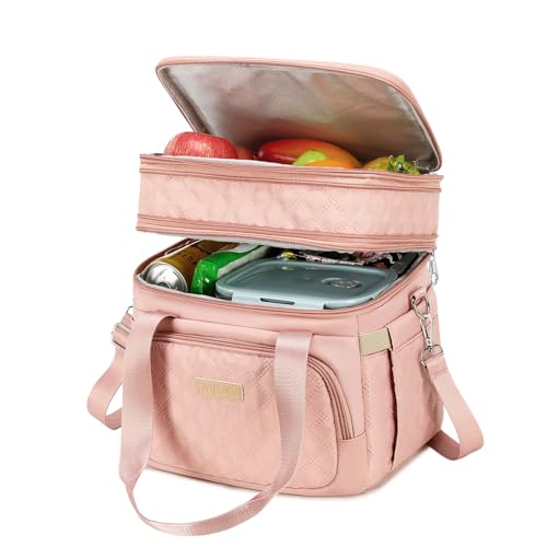 AIJIEKE Lunch Bag for Women, Insulated Double Deck Work Lunch Box, Pink | Durable, leakproof thermal cooler tote. Double compartment, expandable pockets, strap. For travel meal prep, beach, picnic - color: Pink