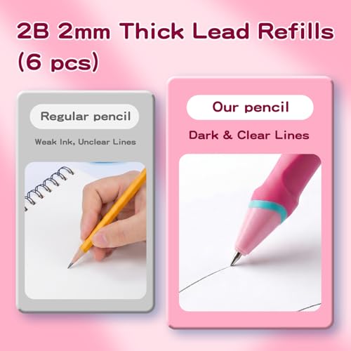 Ergonomic Pencil Set, 2.0mm HB Mechanical Pencils for Kids, School Supplies Include Sharpener, Eraser & 6 Extra Leads – Handwriting Aid for Preschool, Kindergarten, Homes, Pink, L - color: Pink