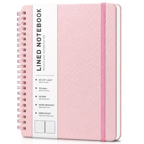 Lined Spiral Notebook for Women, A5 College Ruled Leather Spiral Journals | 160 Pages Small Journaling Notebooks, 5.7"x11" Note Book for Writing, Work, School, Men, Hardcover Leather Journals, Pink - color: Pink, size: A5